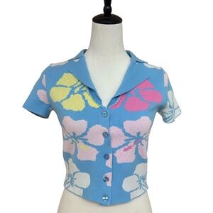 Forever 21 Blue Floral Knit Cropped Cardigan Short Sleeve